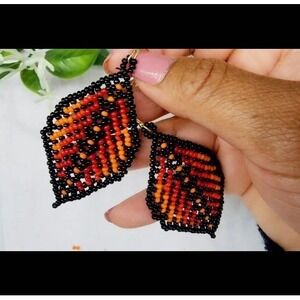 Handmade Native  Beaded Earrings.  Multicolor. Beaded Leaf. Orange Color